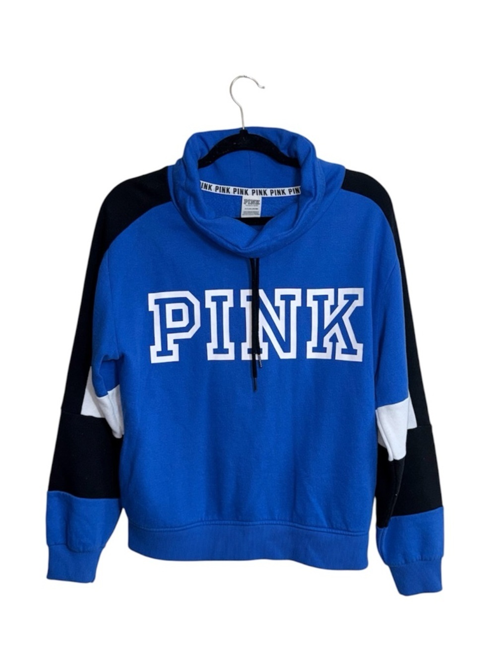 PINK Victoria’s Secret Cowl Neck Sweatshirt Blue Color Block Logo Small Women’s